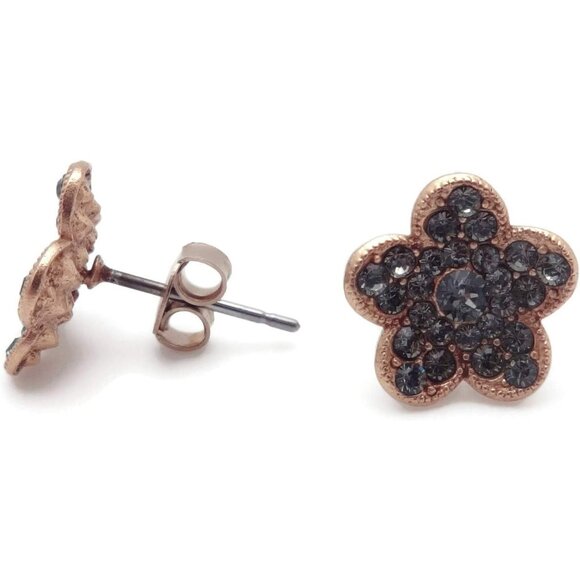Catherine Popesco Dark Grey Crystal Flower Gold Plated Post Earrings NEW - Picture 3 of 3